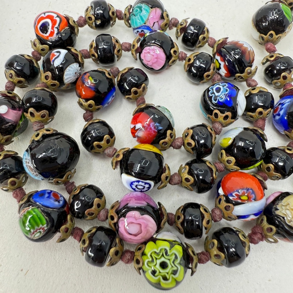 Millefiori Art Glass Bead Necklace Bronze Filigree Caps Colorful Vintage Knotted